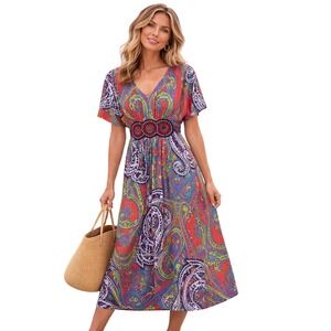 Lennie Nina Leonard Boho Paisley Beaded Midi Dress Small‎ Resort Vacation